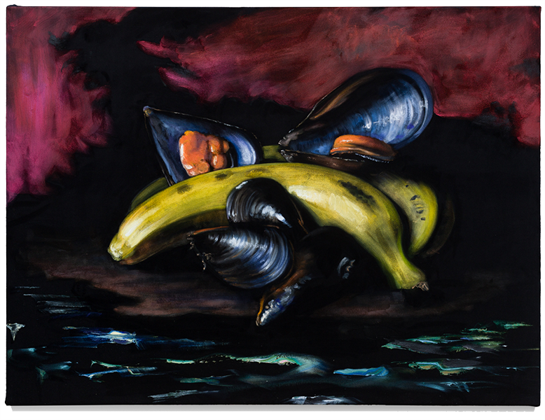 Jorge_Diezma-Bodegon-de-platanos-y-mejillones-76x112cm-oil-on-black-velvet-2025-2