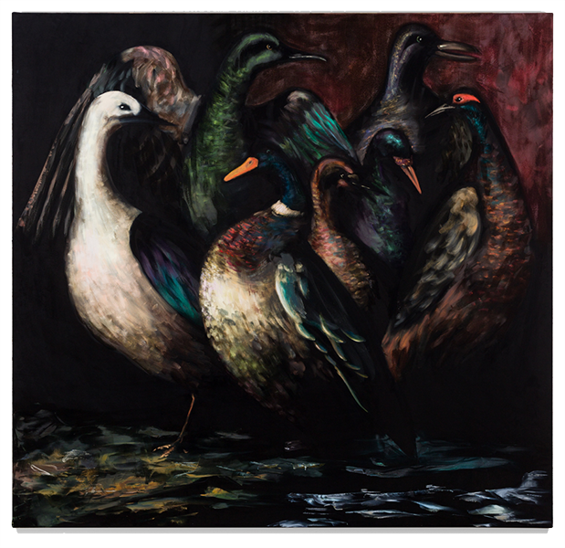 Jorge_Diezma-Gli-uccelli-182x192cm-oil-on-black-velvet-2025