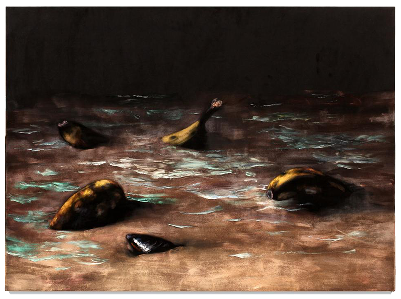 Jorge_Diezma-platanos-y-mejillon-en-la-playa-118x160cm-oil-on-black-velvet-2025