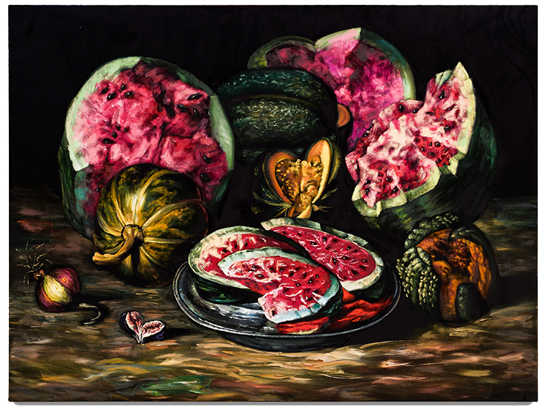 Sandias y calabazas 150x200cm oil on black velvet 2025