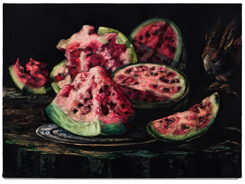 Sandías y conejo 73x100cm oil on black velvet 2025